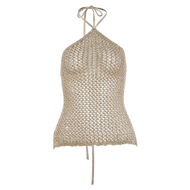 Spring Women Woolen Hollow Out Cutout Sexy Halter Lace up Backless Top for Women