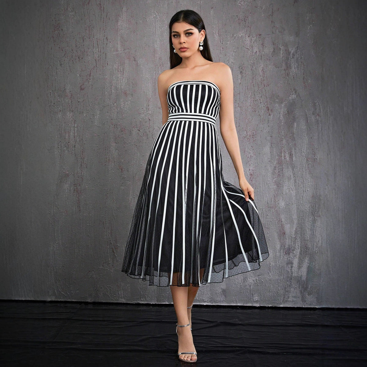 Vertical Striped Tube Top Dress Mid Length Annual Meeting Host Formal Dress Women Wear Dress