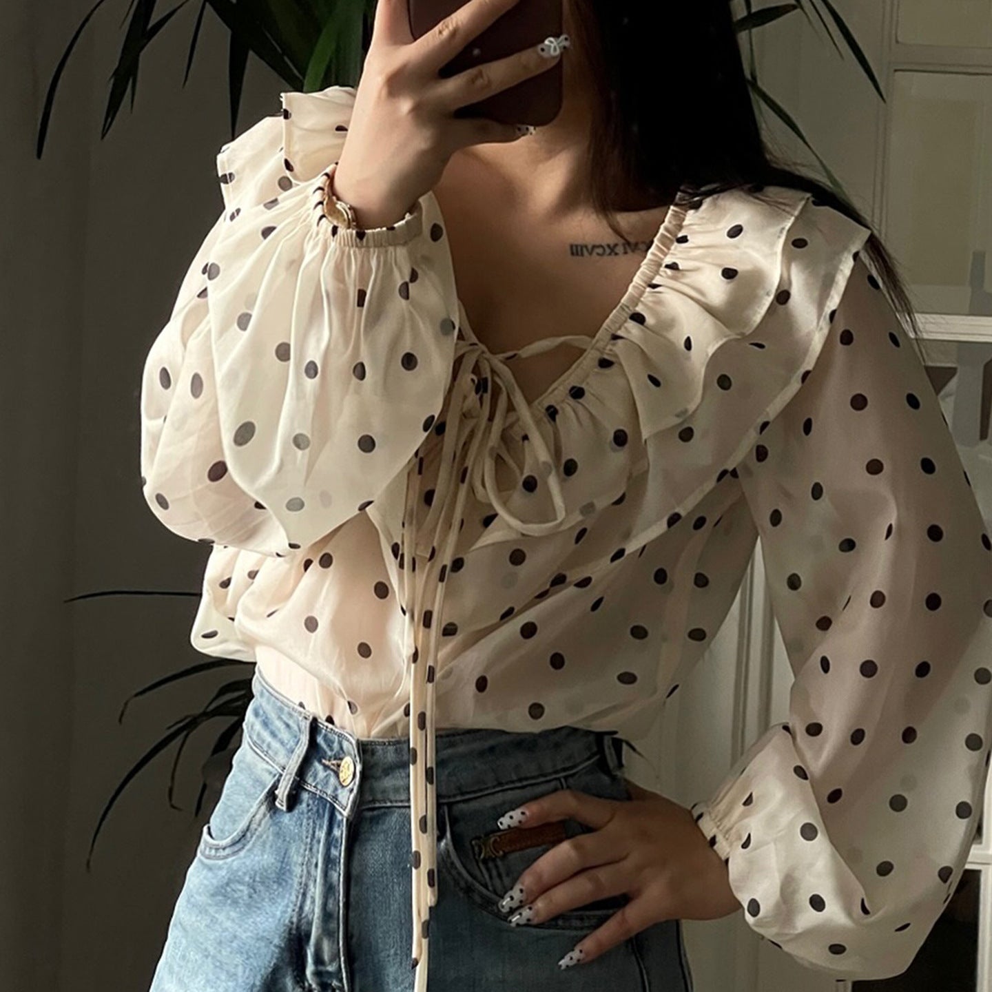 Ruffled V Collar Polka Dot Chiffon Top Girlish Cute Youth Looking Bow Lace up Long Sleeve Shirt Autumn