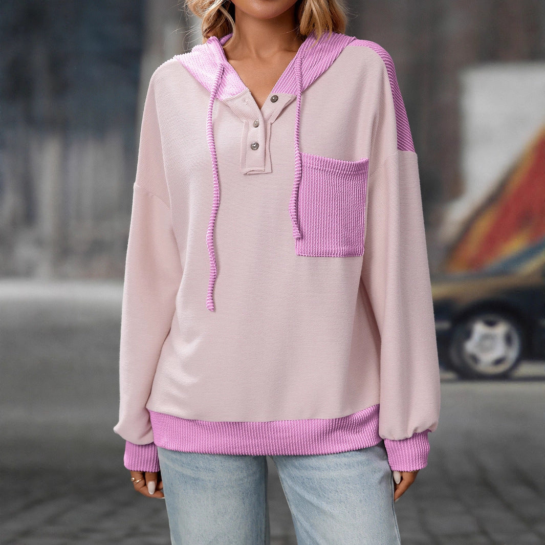 Pullover Women Clothing Autumn Winter Women Contrast Color Twist Strip Hooded Sweater