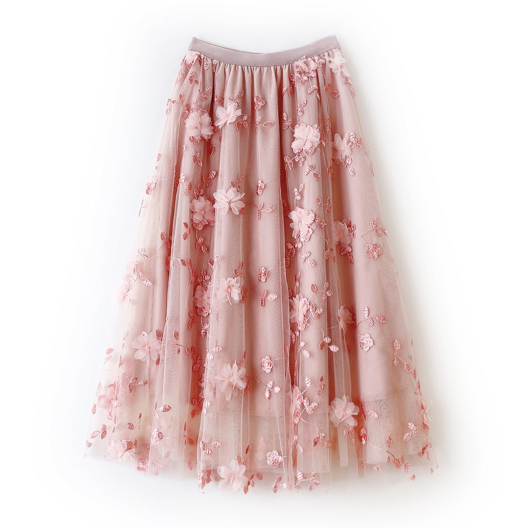 Mesh Embroidered Skirt Gentle Mid Length Skirt Three Dimensional Floral Heavy Work Gauze Skirt Fresh Fairy Dress