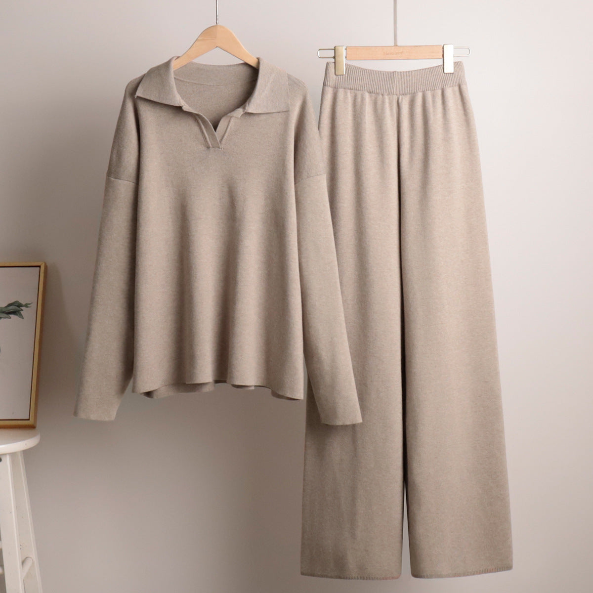 Knitting Suit Autumn Winter Sweater Polo Collar Knitted Pullover Wide Leg Trousers Two Piece Set
