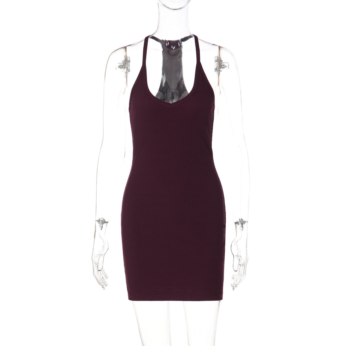 Women Solid Color Sexy Low Cut V neck Halter Backless Waist Slimming Tight Sheath Dress