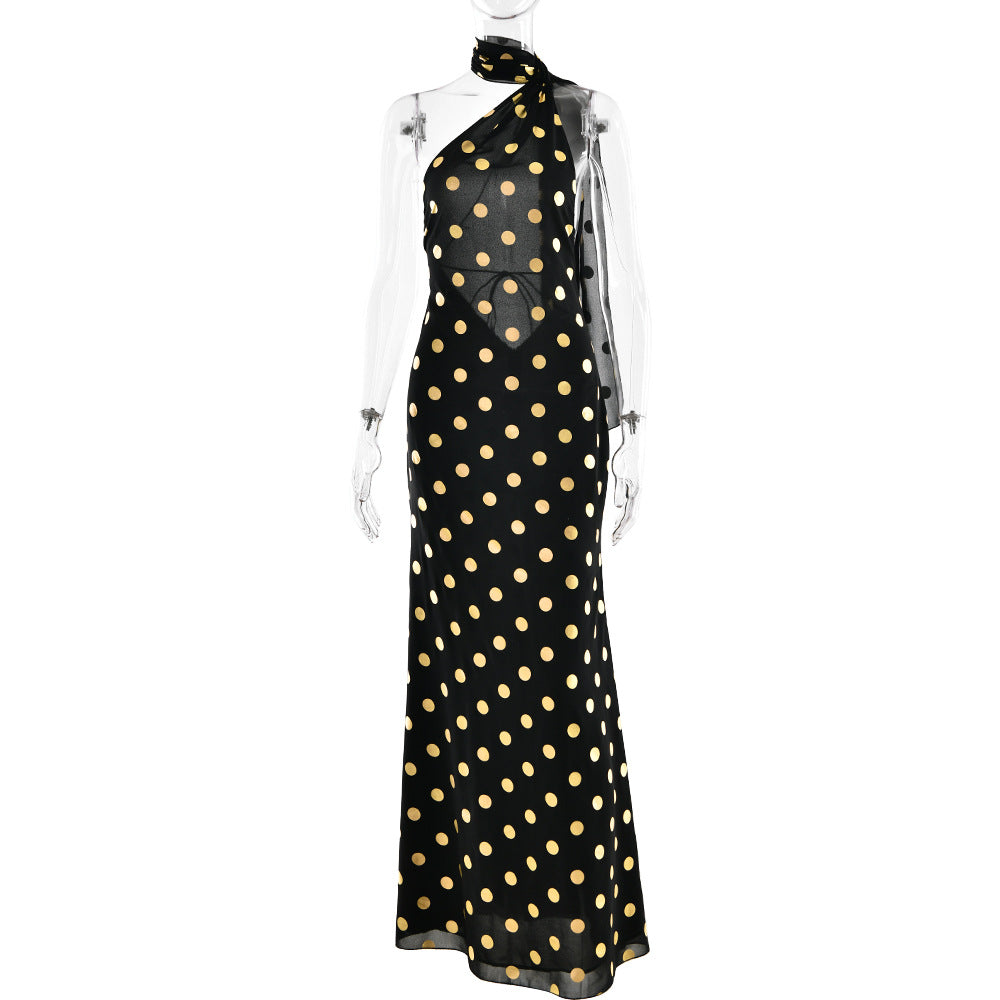 Summer Women Dress Elegant Halter Backless Polka Dot Chiffon Slim Fit Maxi Dress