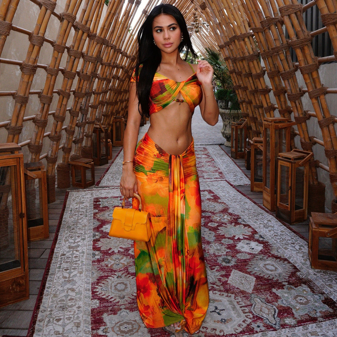 Women Spring Clothing Pattern Print Sexy Drop Shoulder Hollow Out Cutout Low Waist Cropped Skirt Set