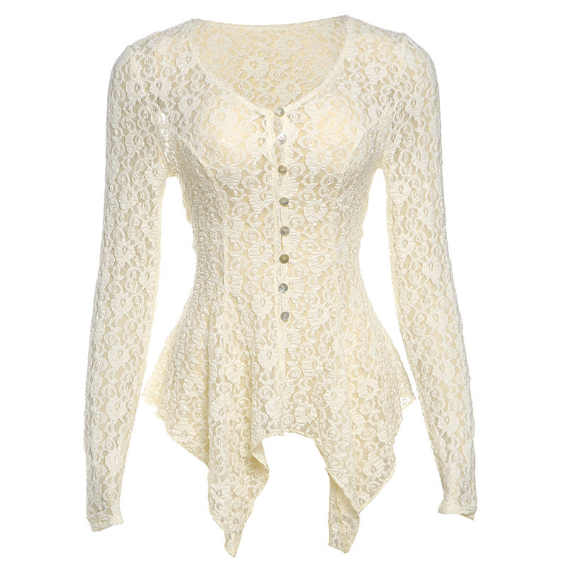 Women Clothing Solid Color Sexy Cutout Irregular Asymmetric Hem Lace Long Sleeve Cardigan T shirt Women