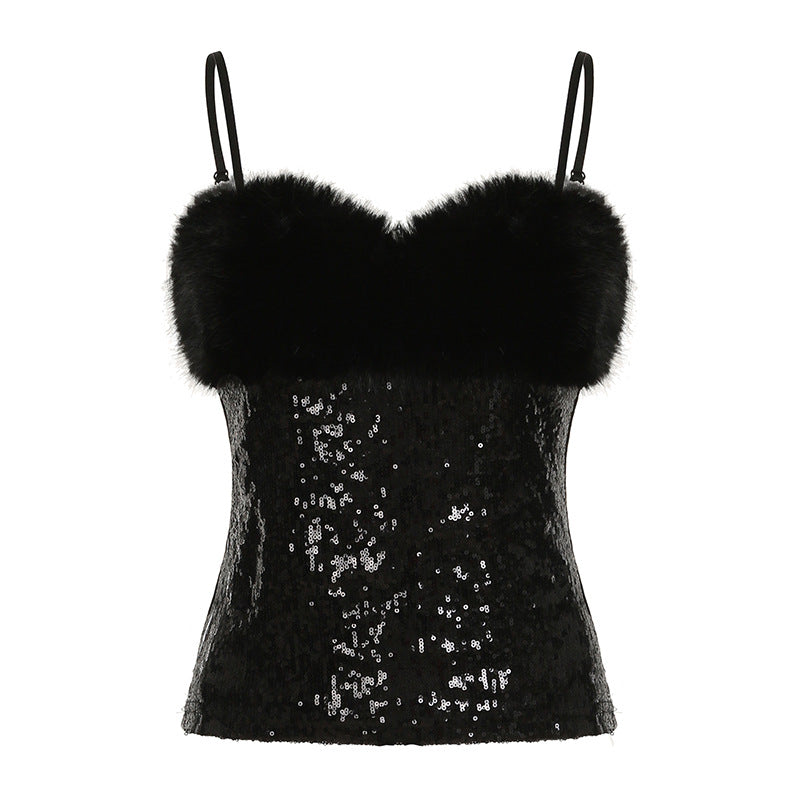 Sexy Sweet Spicy Tube Top Fur Stitching Sequin Sling Adjustable Shoulder Strap Vest Slim Fit Women
