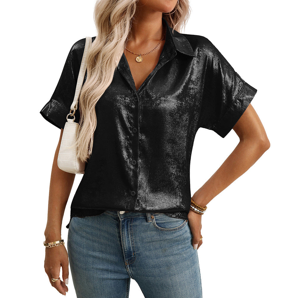 Summer Casual Loose Craft Short Sleeve Collared Metallic Shirt