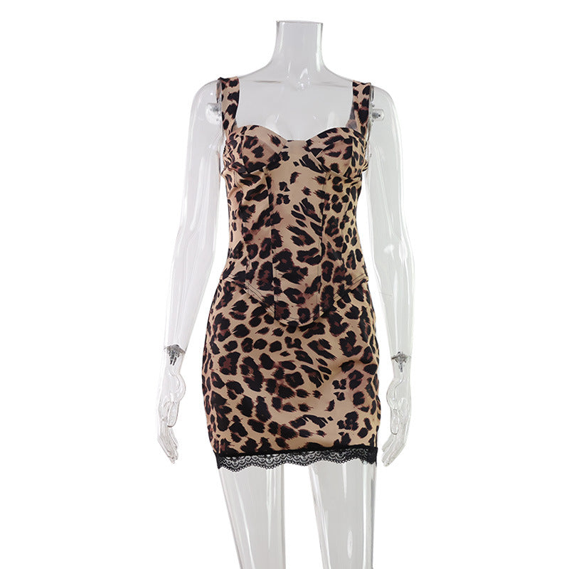 Women Clothing in Leopard Print Printed Sexy Sleeveless Vest Hip Skirt Pure Sexy Two Piece Sets