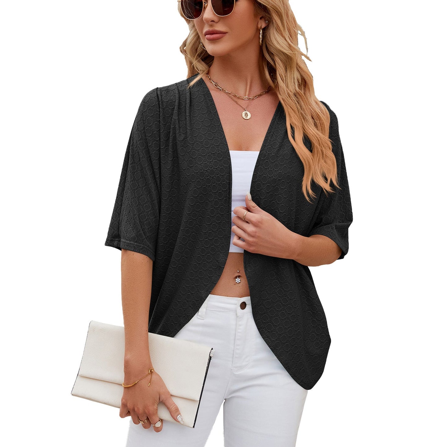 Spring Summer Solid Color Half Sleeves Cardigan Knitted Cardigan Coat Office Cardigan