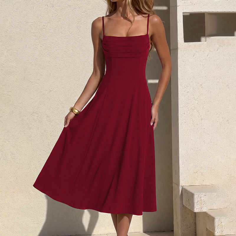 Women Clothing Summer Suspender Pleated off Neck Cinched Swing Dress Fashionable Elegant Dress