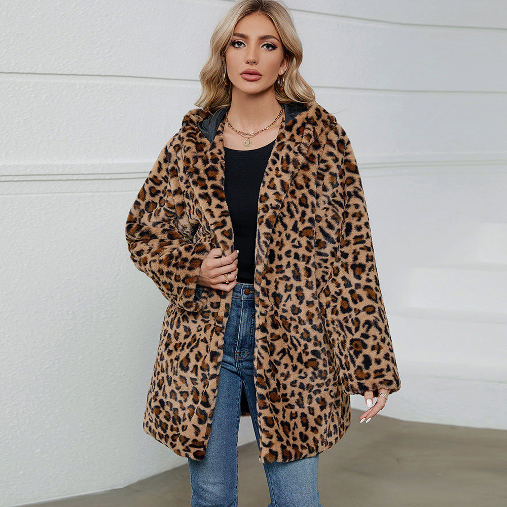 Leopard Print Faux Fur Faux Fur Hooded Autumn Winter Loose Women Clothing Coat Overcoat