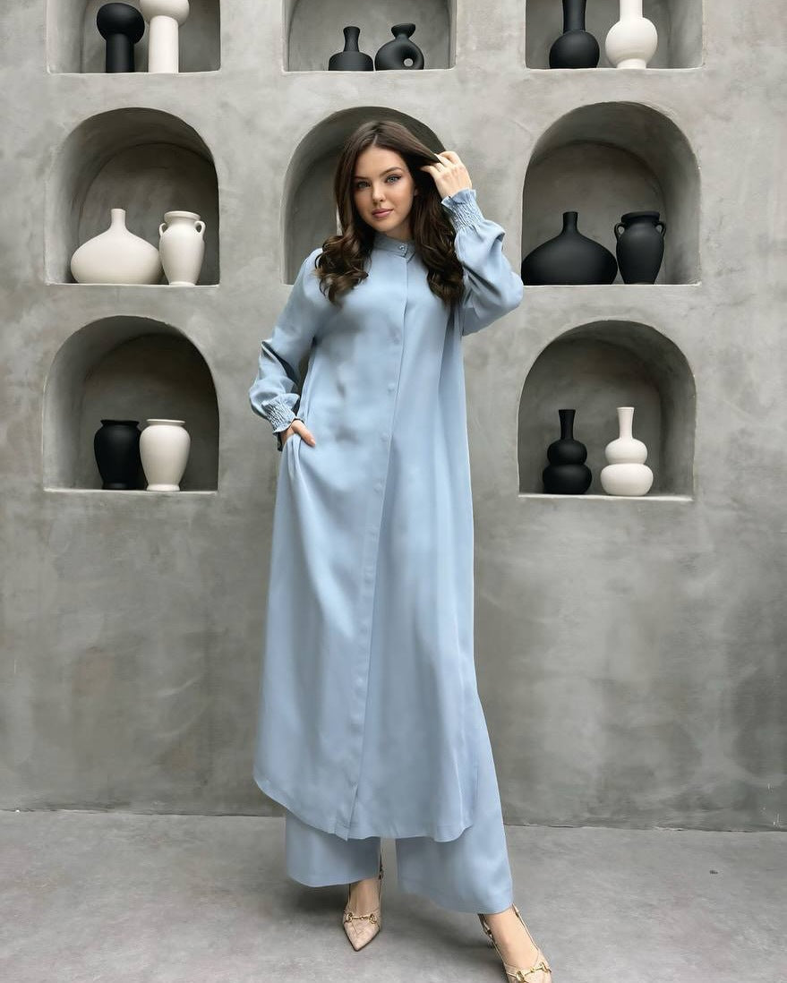 Women Clothing Multi Button Long Sleeve Split Stand Collar Shirt Casual Straight Pants Two Piece Set