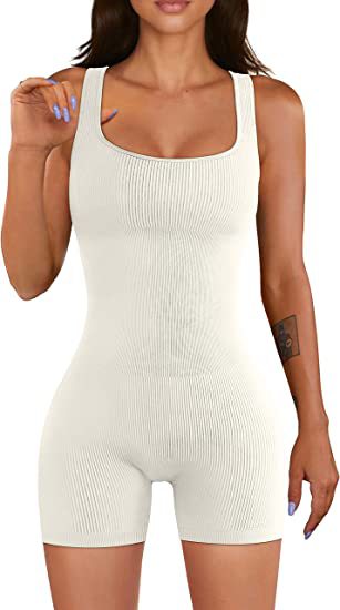 Women Yoga Jumpsuit Workout Ribbed Square Collar Sleeveless Sports Jumpsuit