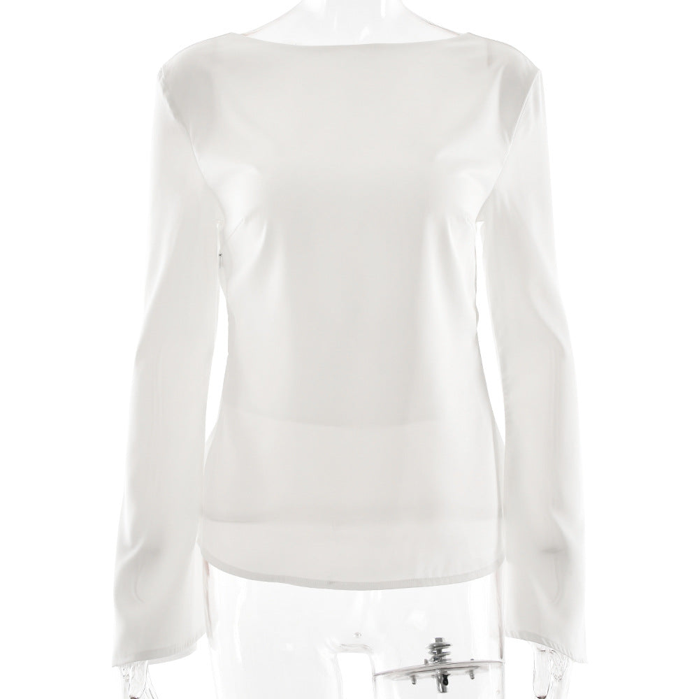 Solid Color Satin Bare Back Slim Top Elegant Bell Sleeve Women Top