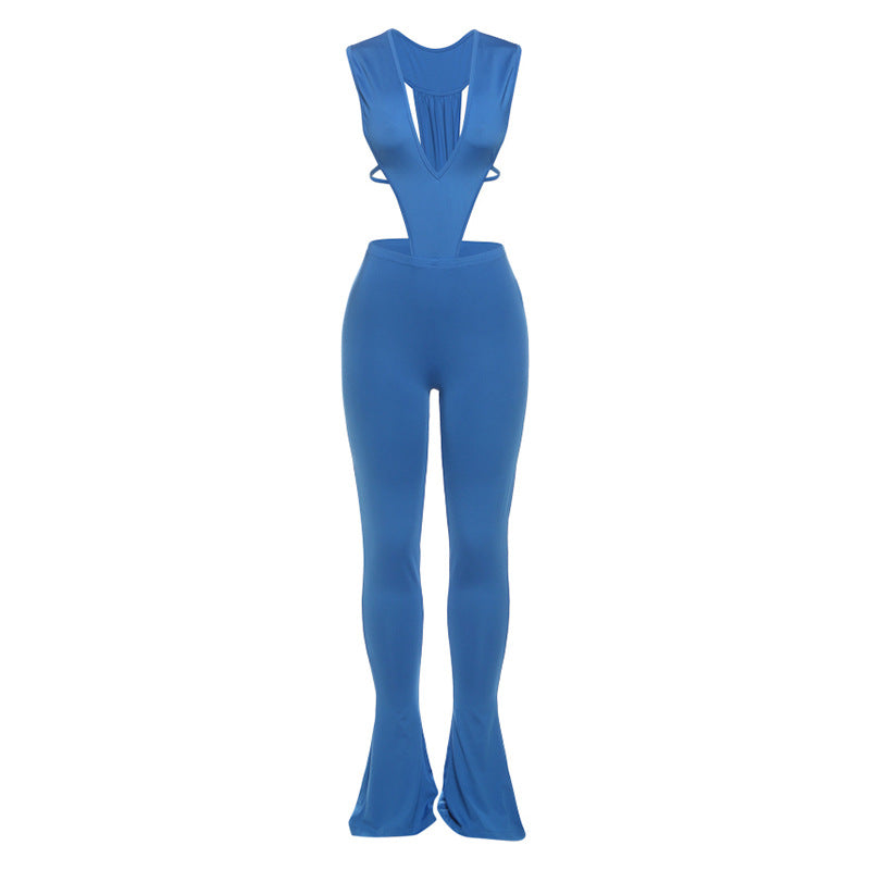 Summer Women Sexy Deep V Plunge Lace up Jumpsuit Slim Trousers Two Piece Sets