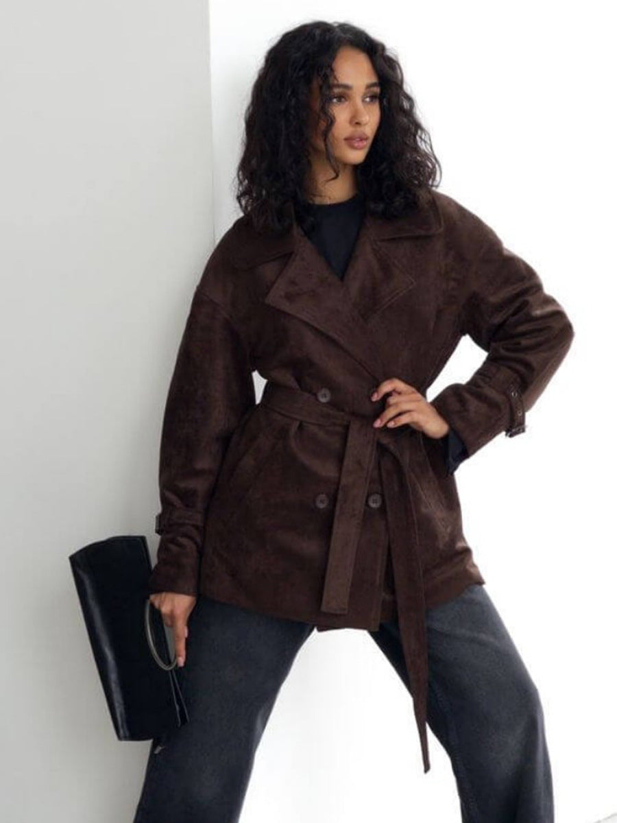 Retro Suede Fabric Jacket Coat Autumn Winter Polo Collar Lace up Waist Trimming Coat