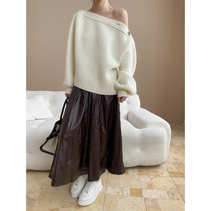 Early Autumn Light Luxury Texture Pleated Faux Leather Elastic Waist A line Leather Skirt