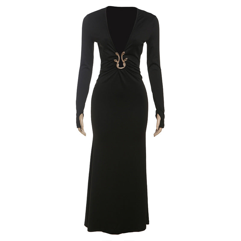Women Clothing Autumn Solid Color Sexy Deep V Plunge neck Hollow Out Cutout Slim Long Sleeve Dress