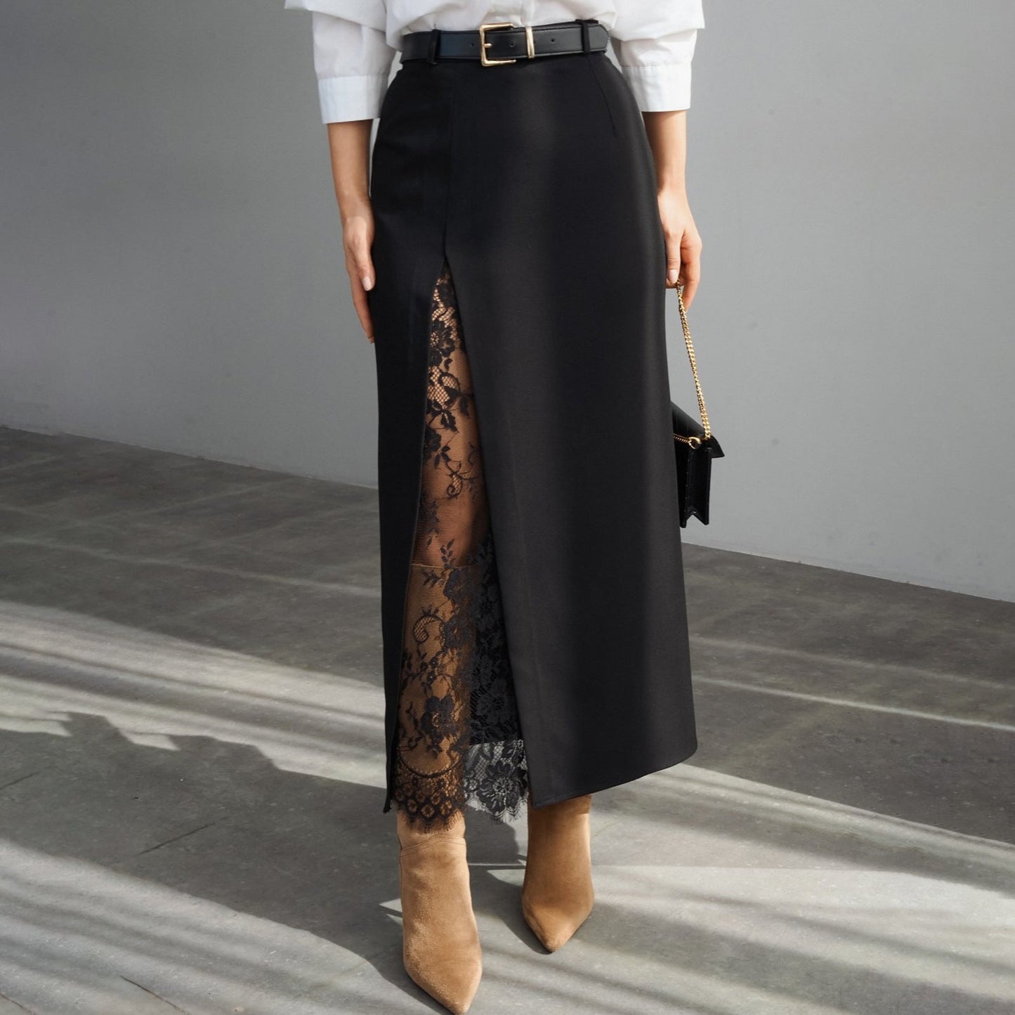 Summer Side Slit Stitching Lace Sexy See through Skirt All Matching Elegant Graceful Women Commuting Wear（Without belt）