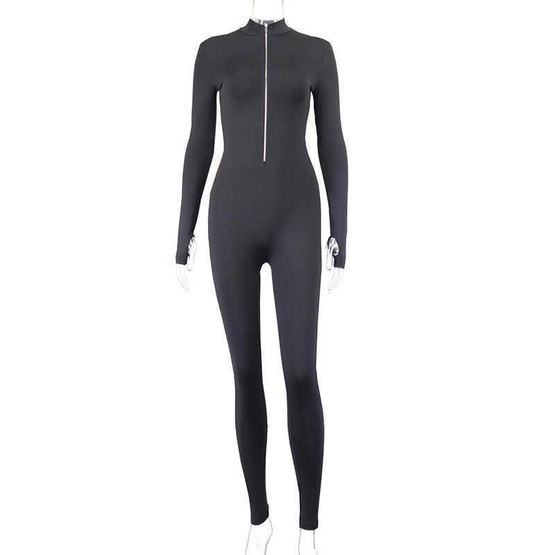 Trousers Women Clothing Solid Color High Waist Slim Long Sleeve Zipped Stand Collar Jumpsuit