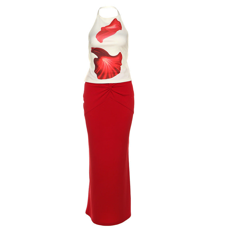 Spring Summer Women Seaside Vacation Backless Halter Vest Sexy Sheath Skirt Set