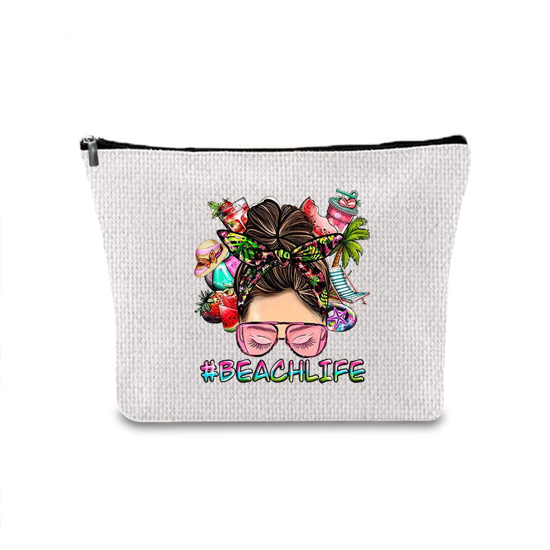 Linen printed cosmetic bag, cosmetic lipstick storage bag, small simple zipper evening clutch bag,