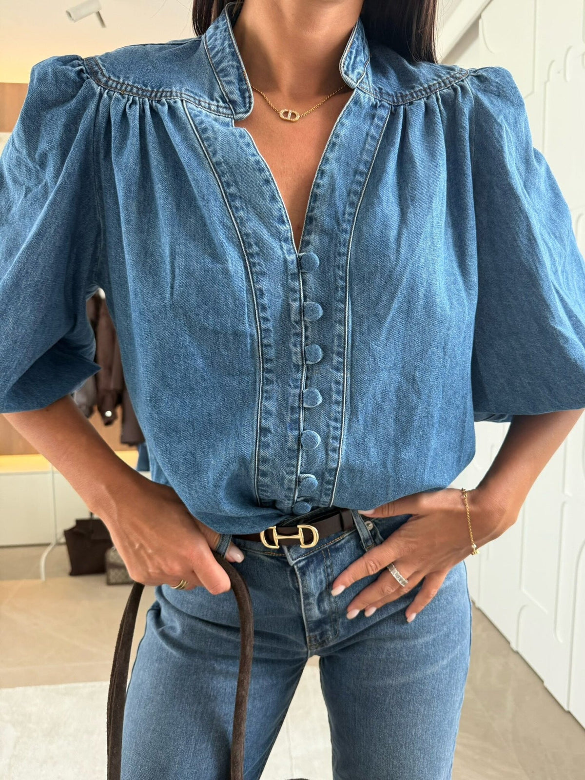 Women Spring Autumn Casual Retro Lantern Sleeve V neck Denim Shirt