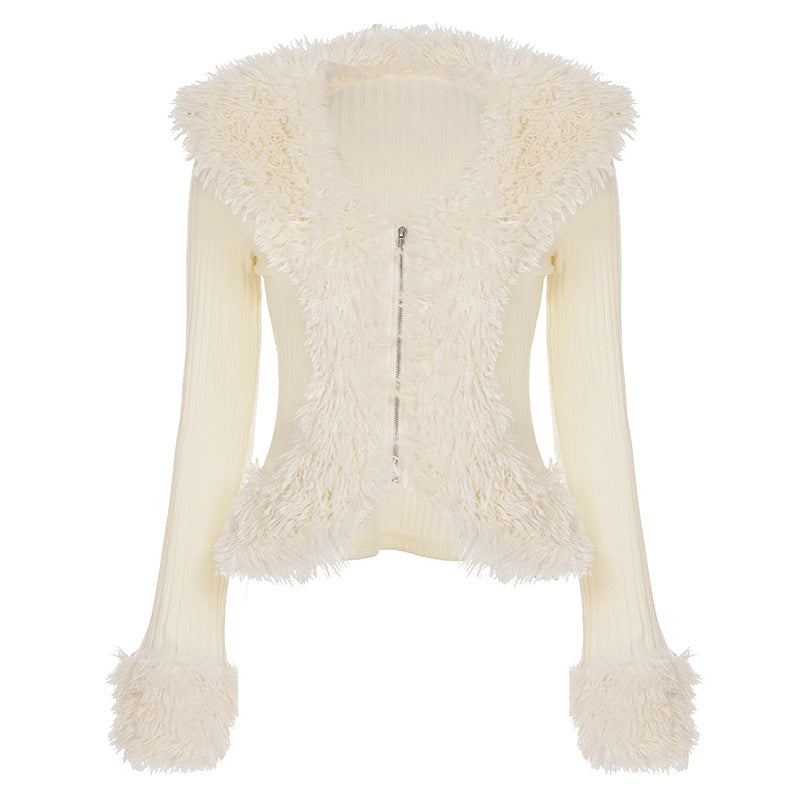 Elegant Classic Teddy Plush Knitted Cardigan Women Slim Fit Slimming Fashionable Sunken Stripe Coat