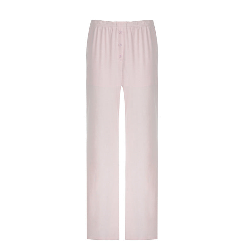 Casual Knitted Basic Breasted Long Sleeve Top Elastic Trousers Two Piece Pajamas Homewear