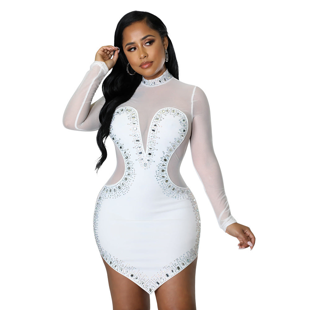 Summer Women Clothing Drilling Mesh See-through Long Sleeve Irregular Asymmetric Dress