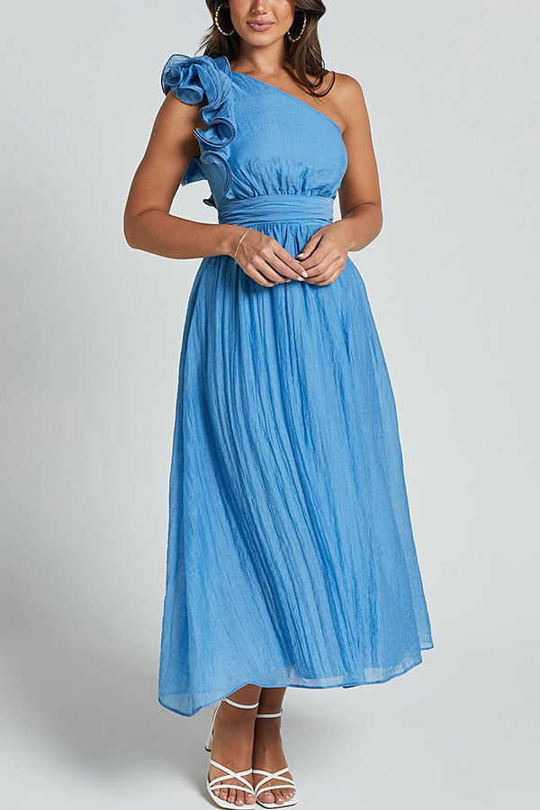 Summer Sexy Solid Color Sloping Shoulder Backless Dress Women