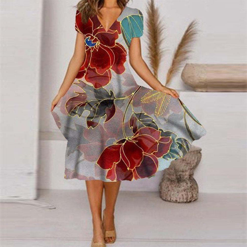 V Neck Bohemian Print Short Sleeve Dress - Flowy Casual Summer Dress with Elastic Waist