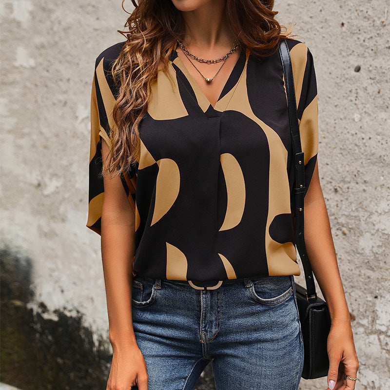 Summer Women Clothing Short Sleeve Pullover V neck Printed Shirt