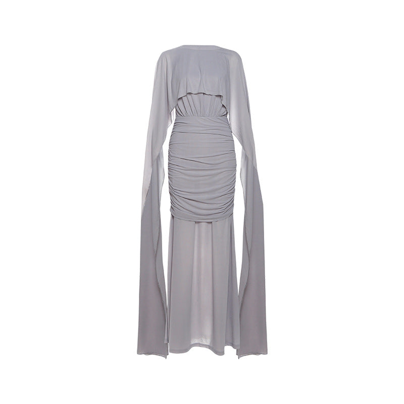 Autumn Winter Women Clothing Waist Controlled Sheath Pleated Ribbon Solid Color Dress