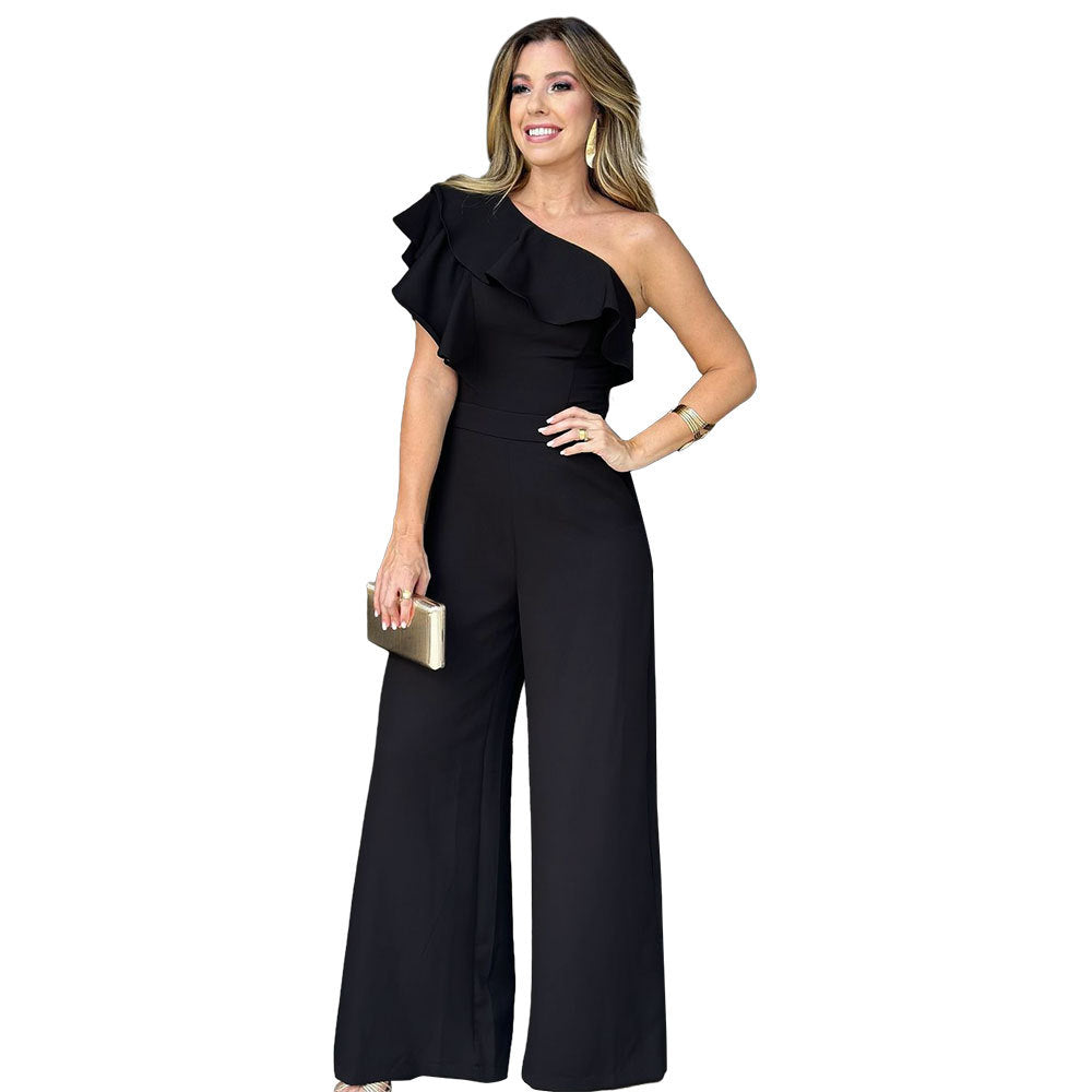 Wooden Ear Shoulder High Waist Loose Straight Women Jumpsuit