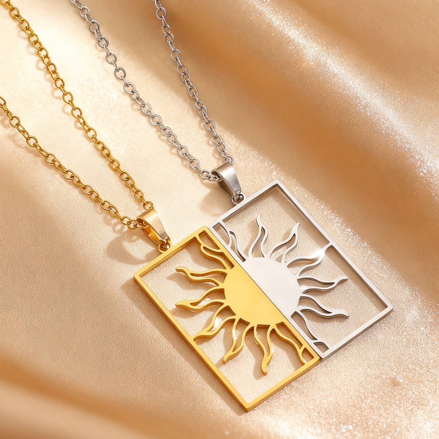18K Gold Plated Sun Moon Hollow Geometric Square Pendant Stainless Steel Necklace