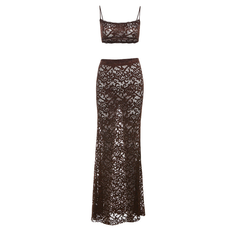 Summer Sexy Cutout Strap Top Solid Color High Waist Skirt Lace Two Piece Sets