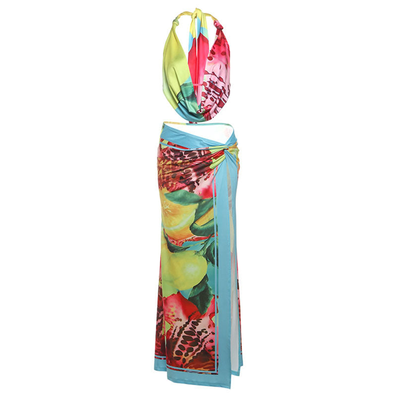 Summer Women Sexy Halter Backless Top Split Skirt Two Piece Sets