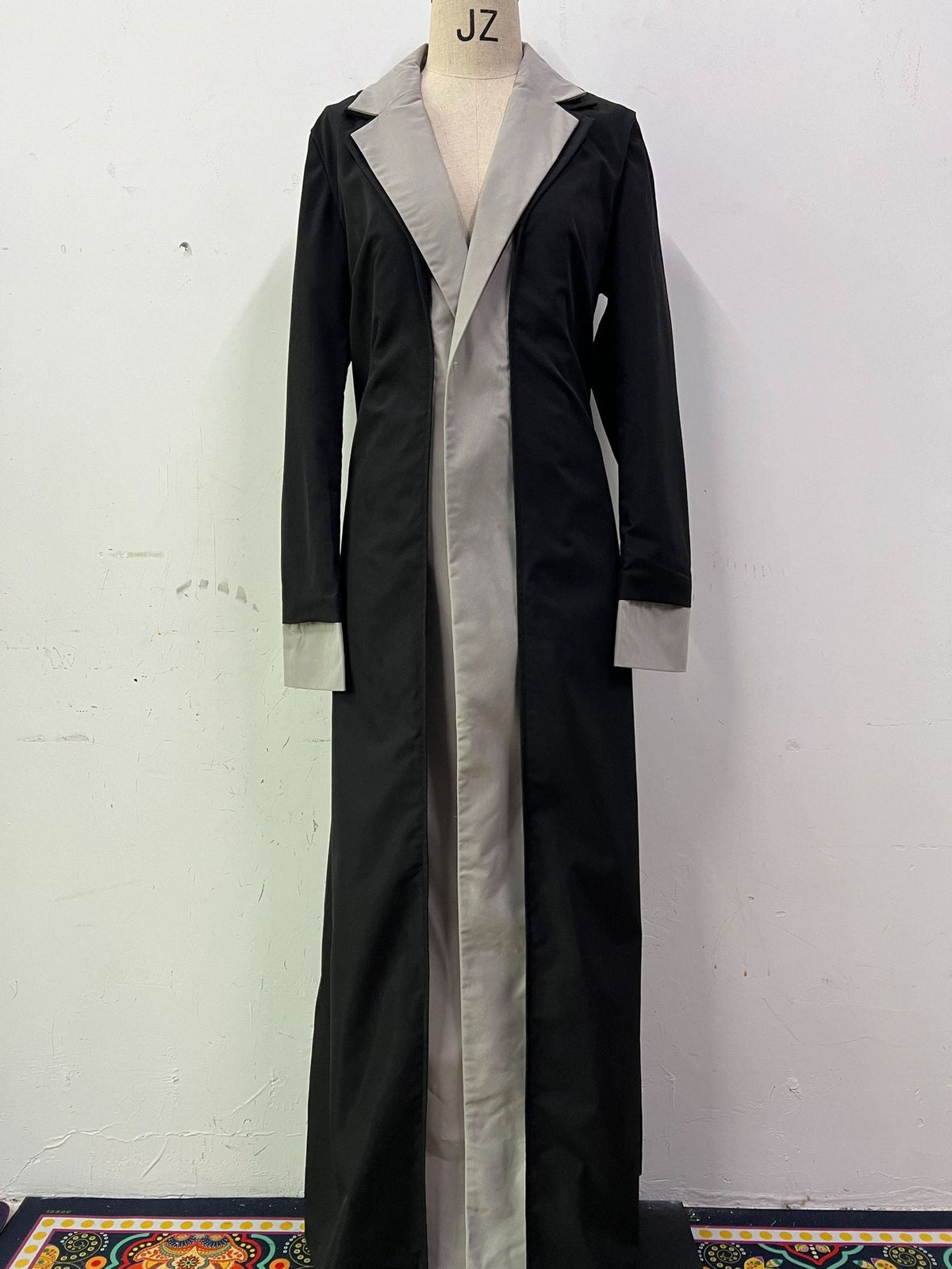 Long Collar Stitching Contrast Color Trench Coat Women Office Coat