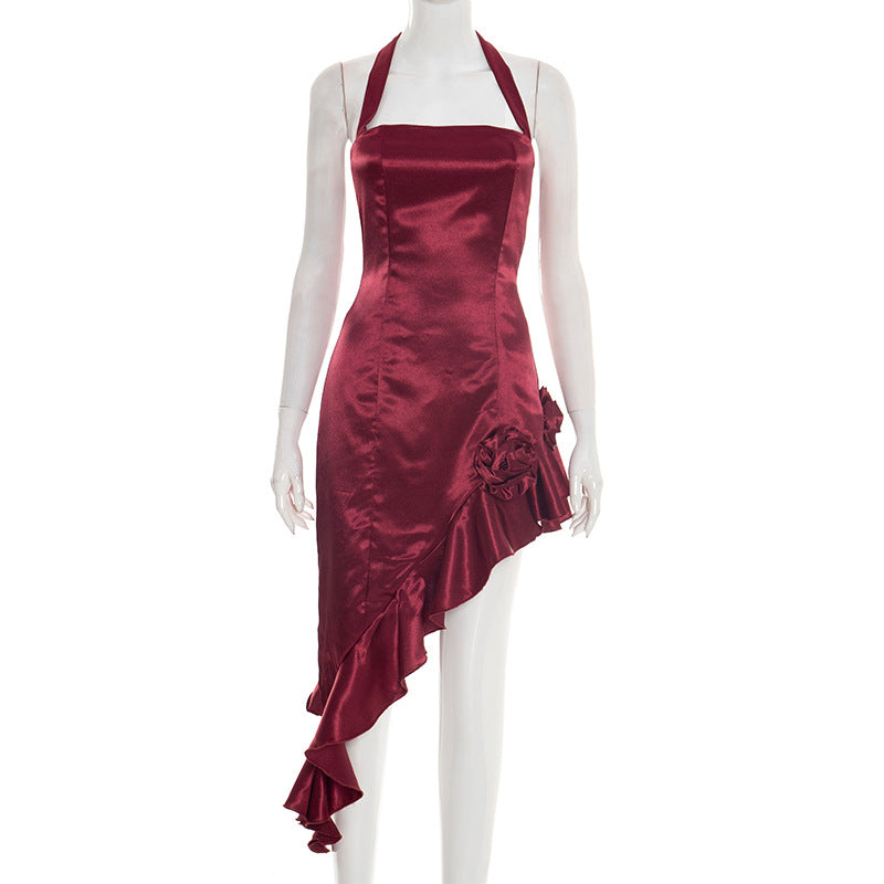 Women Clothing Summer Solid Color Elegant Sleeveless Halter Ruffled Irregular Asymmetric Slim Fit Dress