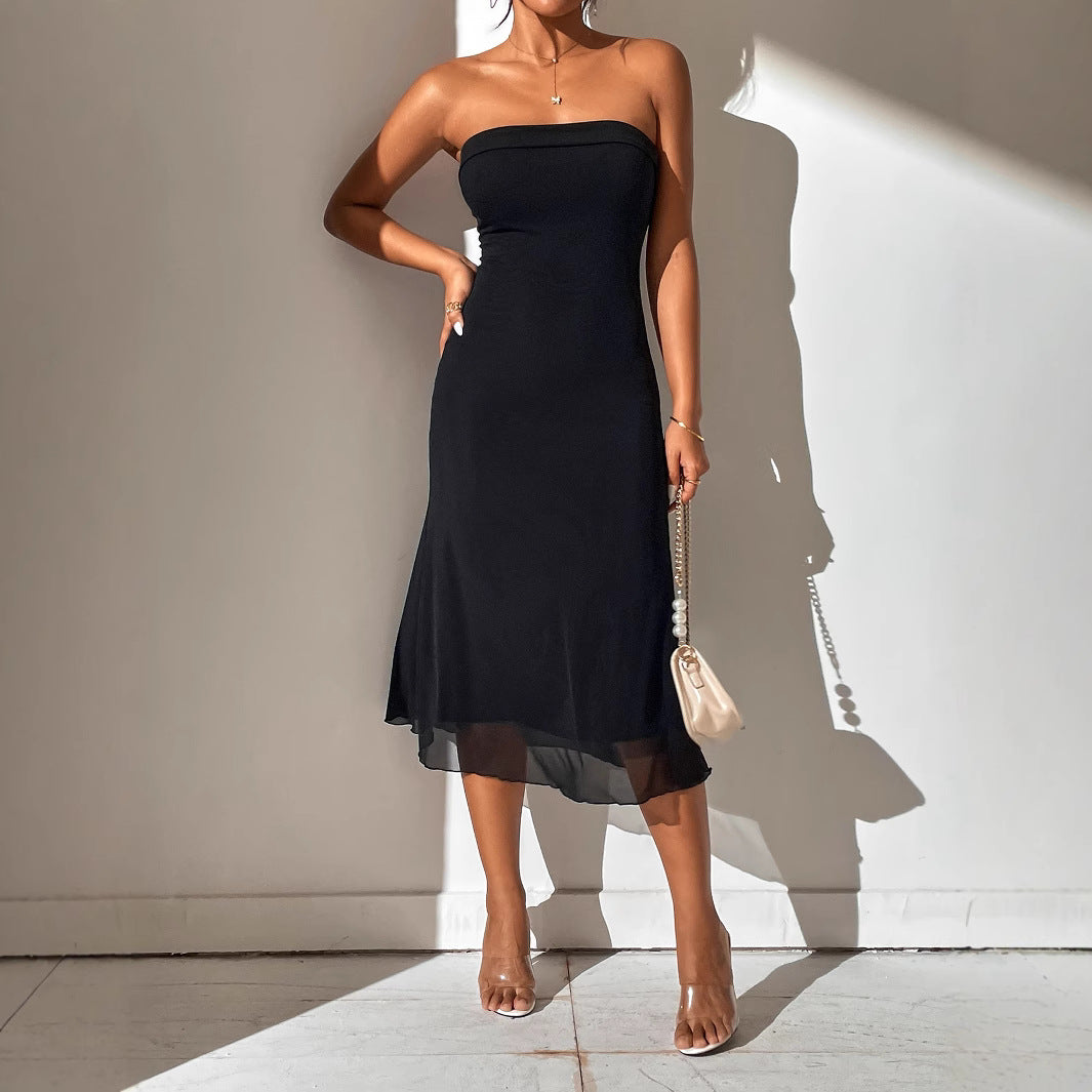 Women Solid Color Sexy Tube Top Cinched Waist Evening Dress Double Layer Mesh Stitching Dress