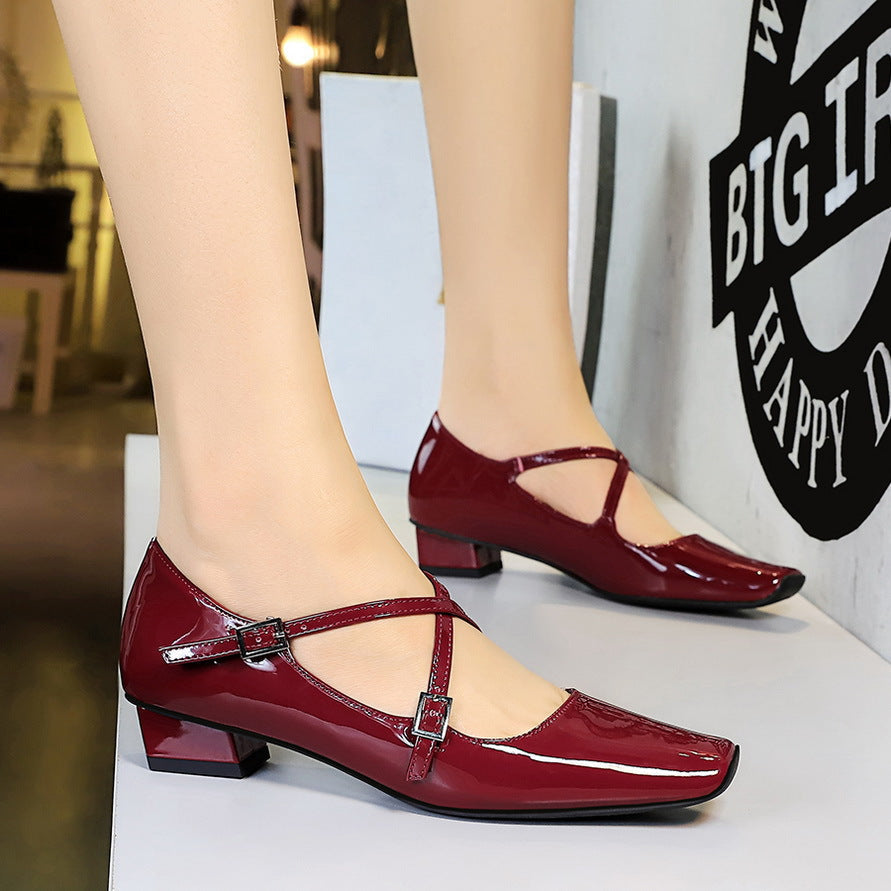 Dating Cross Women Strap Shoes Square Head Chunky Heel Metal Shiny Patent Leather Hollow Out Cutout out Pumps