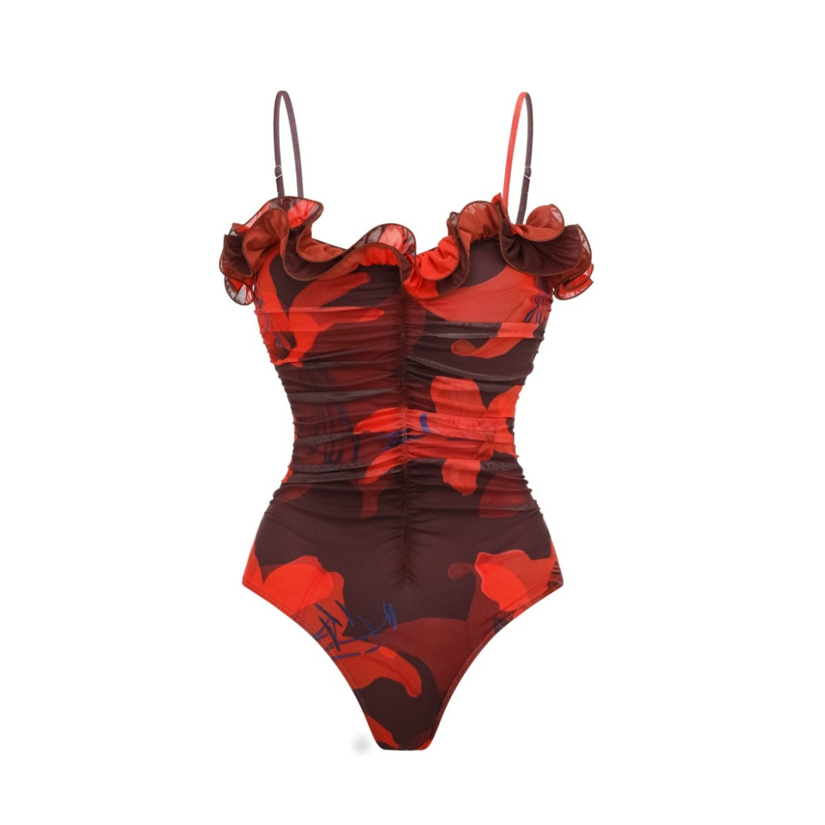 Swimsuit Ruffled Mesh Stitching Printing One Piece Swimsuit Set Women Maxi Dress