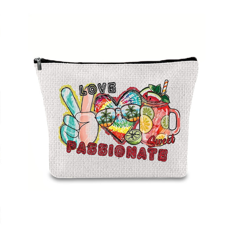 Linen printed cosmetic bag, cosmetic lipstick storage bag, small simple zipper evening clutch bag,