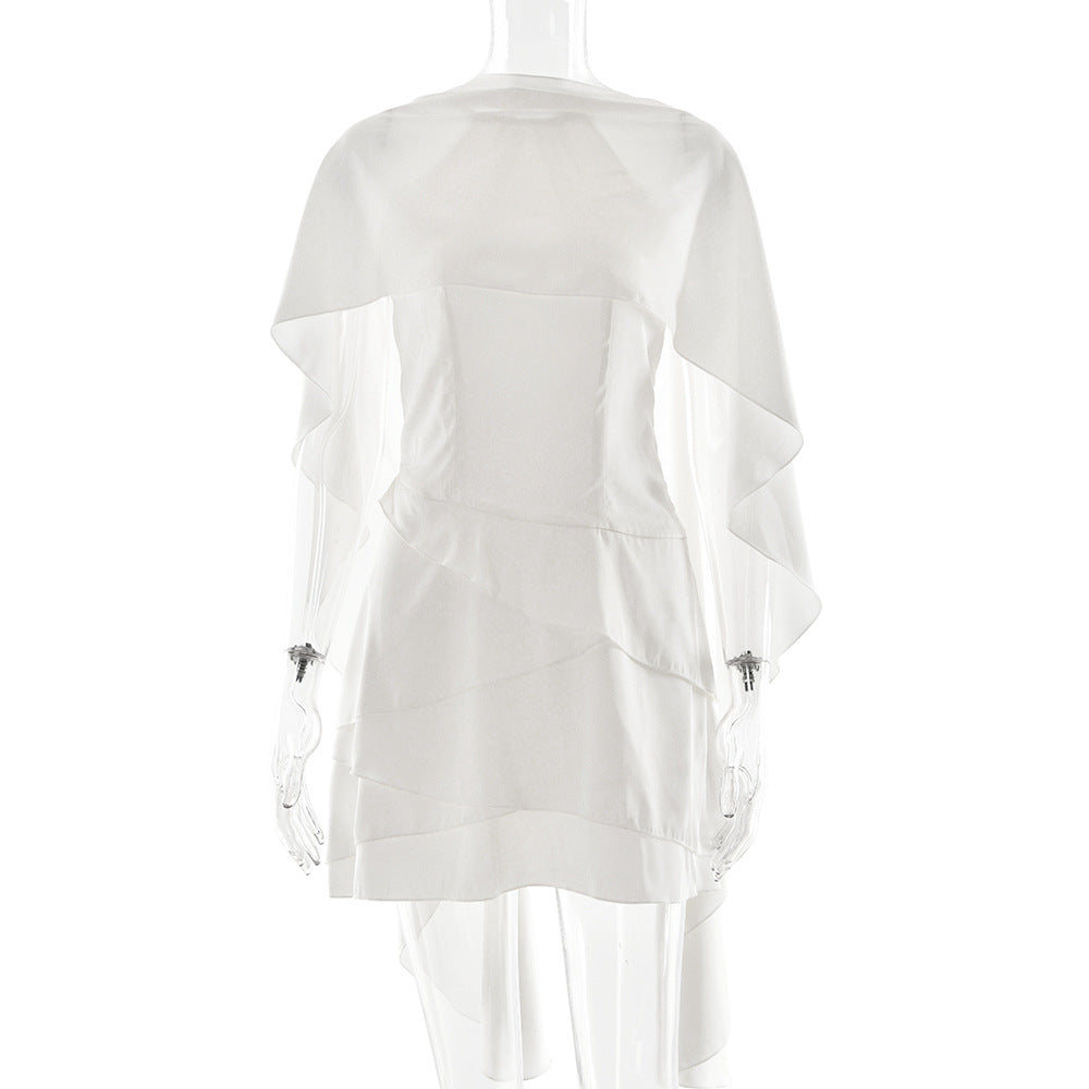 Satin Shawl Sling Dress Solid Color Sleeveless Flounce Peplum Hip Wrapped Dress