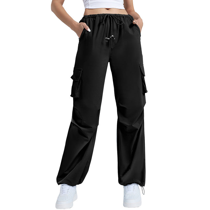 Retro Straight Wide Leg Pants Women Autumn Solid Color Multi Pocket Loose Baggy Trousers Casual Working Pants