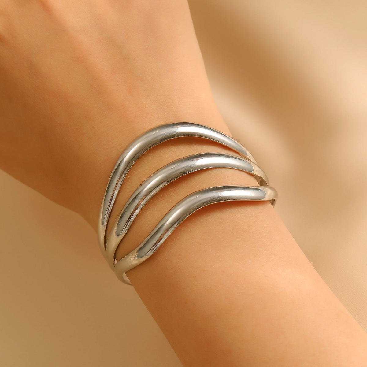 Exaggerated Vintage Stainless Steel Multi-Layer Wavy Ring & Bangle Set Party Banquet