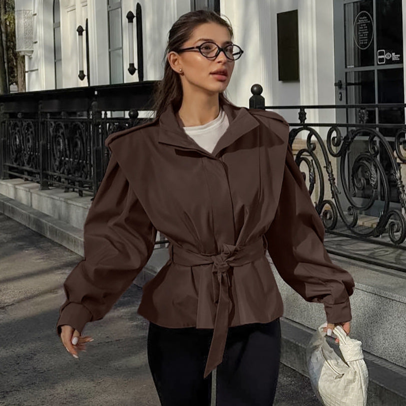 French Minority Autumn Winter Atmosphere Tongqin Trench Coat Coat Women Waist Trimming Lace up Collared Long Sleeve