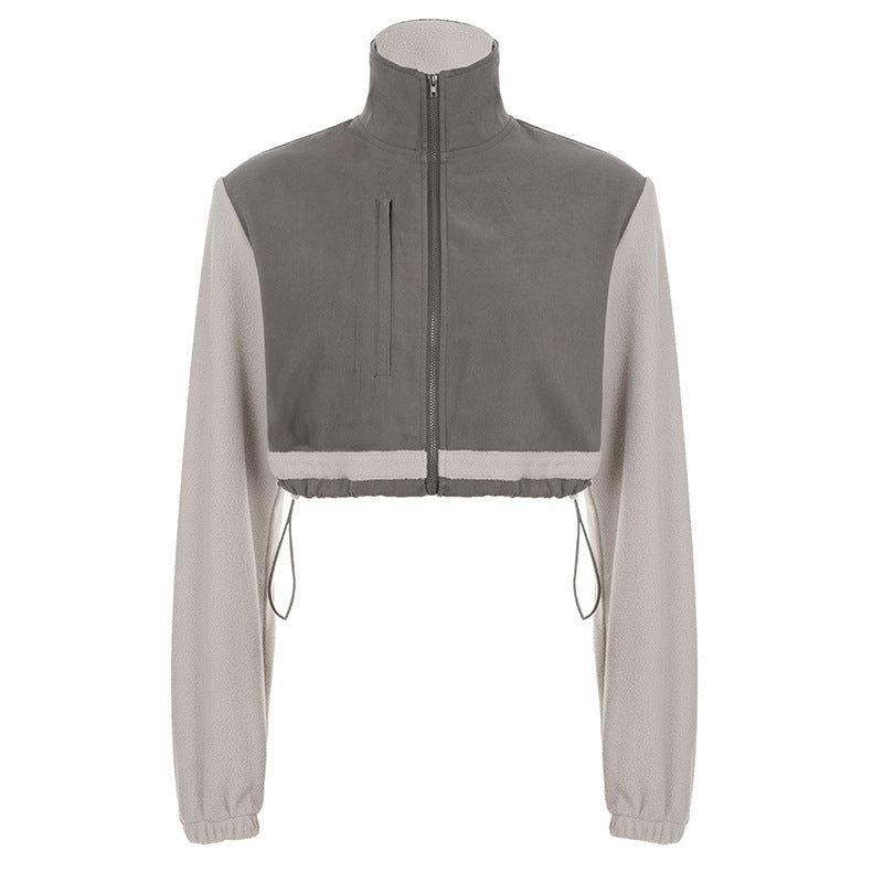Sports Workwear Jacket Stand Collar Drawstring Zipper Short Long Sleeve Cardigan Polar Fleece Jacket Women